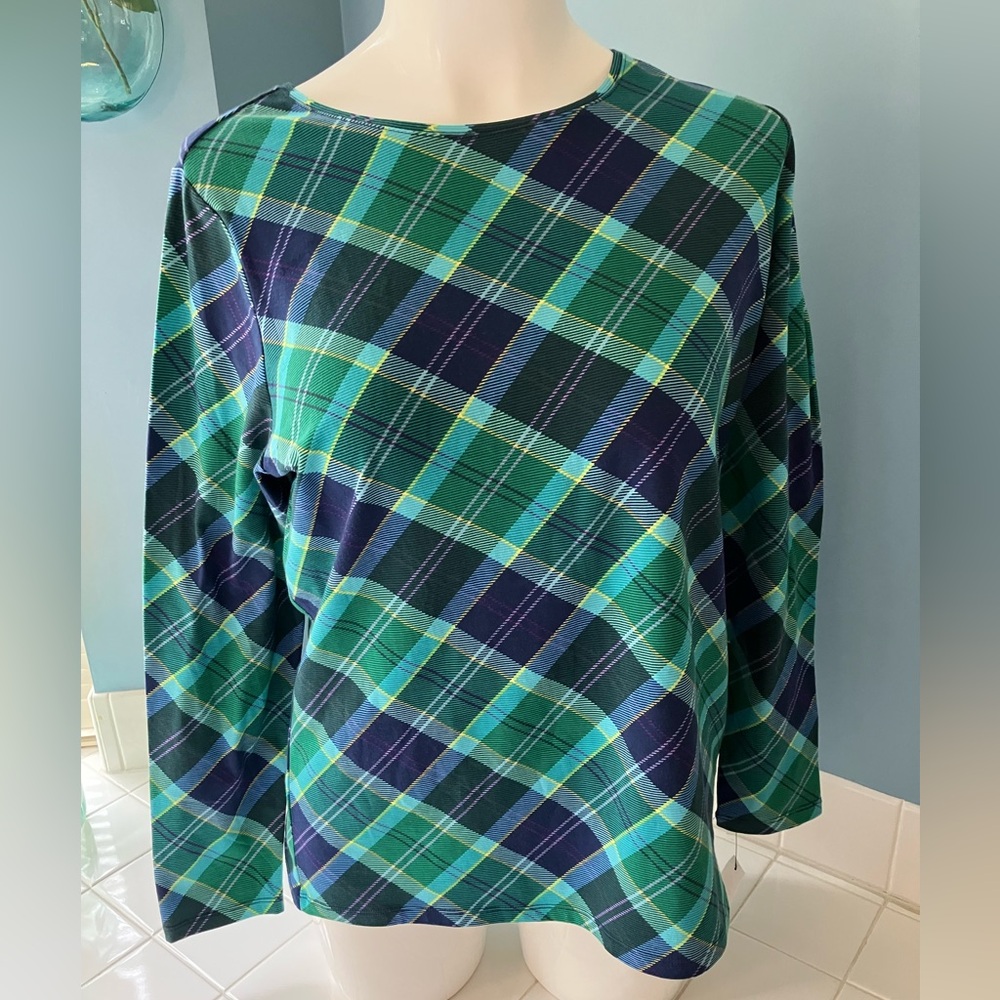 NWT Talbots Woman's Plaid Long Sleeve Tee Shirt - Blue & Green 3X $54.50